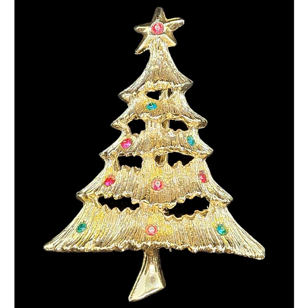Luxe Vintage Holiday Sparkle Rhinestone Tiered Tree‎ Brooch Gold Tone Elegant 2